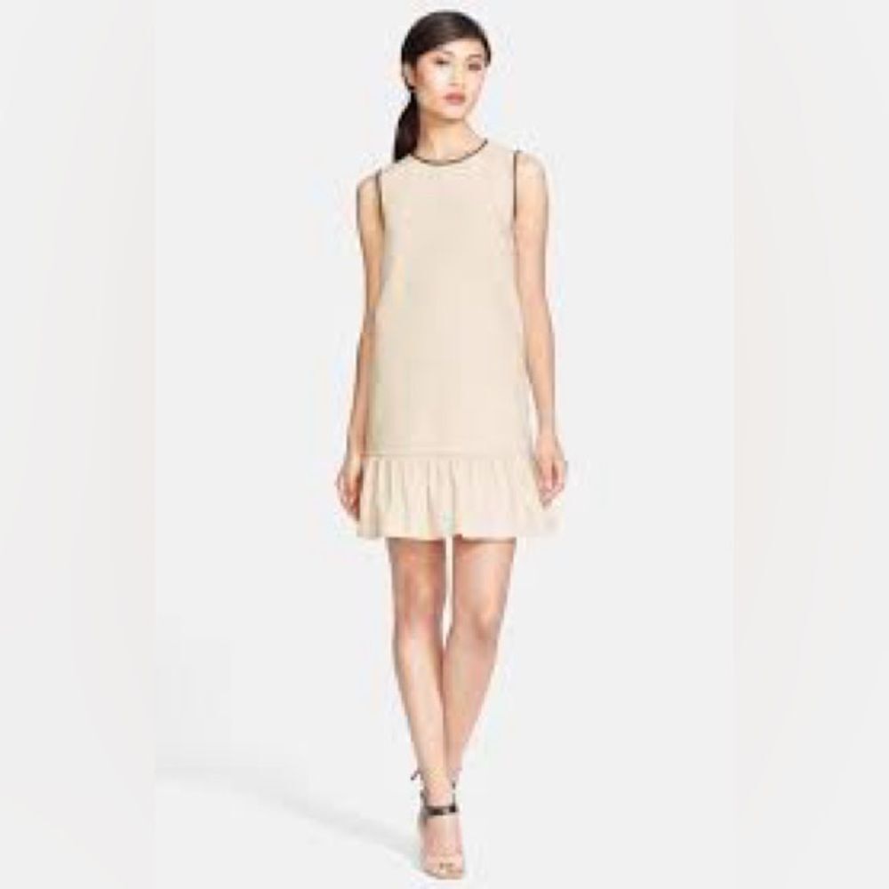 ♠️ KATE SPADE raw almond Havana brown leather trimmed Ruffle mini Dress sz 2
